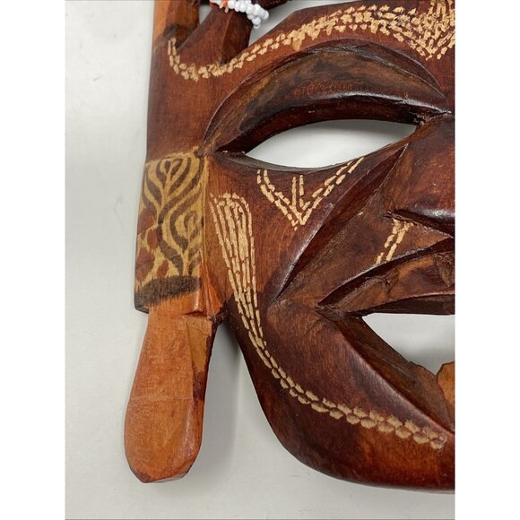 Vintage African Art Maasai Hand Carved Wood Mask Kenya 2 Faces & Elephant Beads - Picture 5 of 10